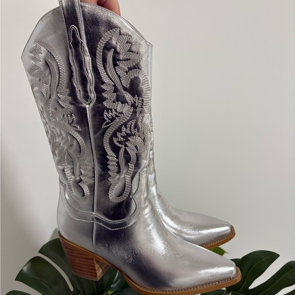 Women Western Cowboy Boots Pointed Toe Silver Metallic Cowgirl Women's Size 7 8 - Picture 10 of 14